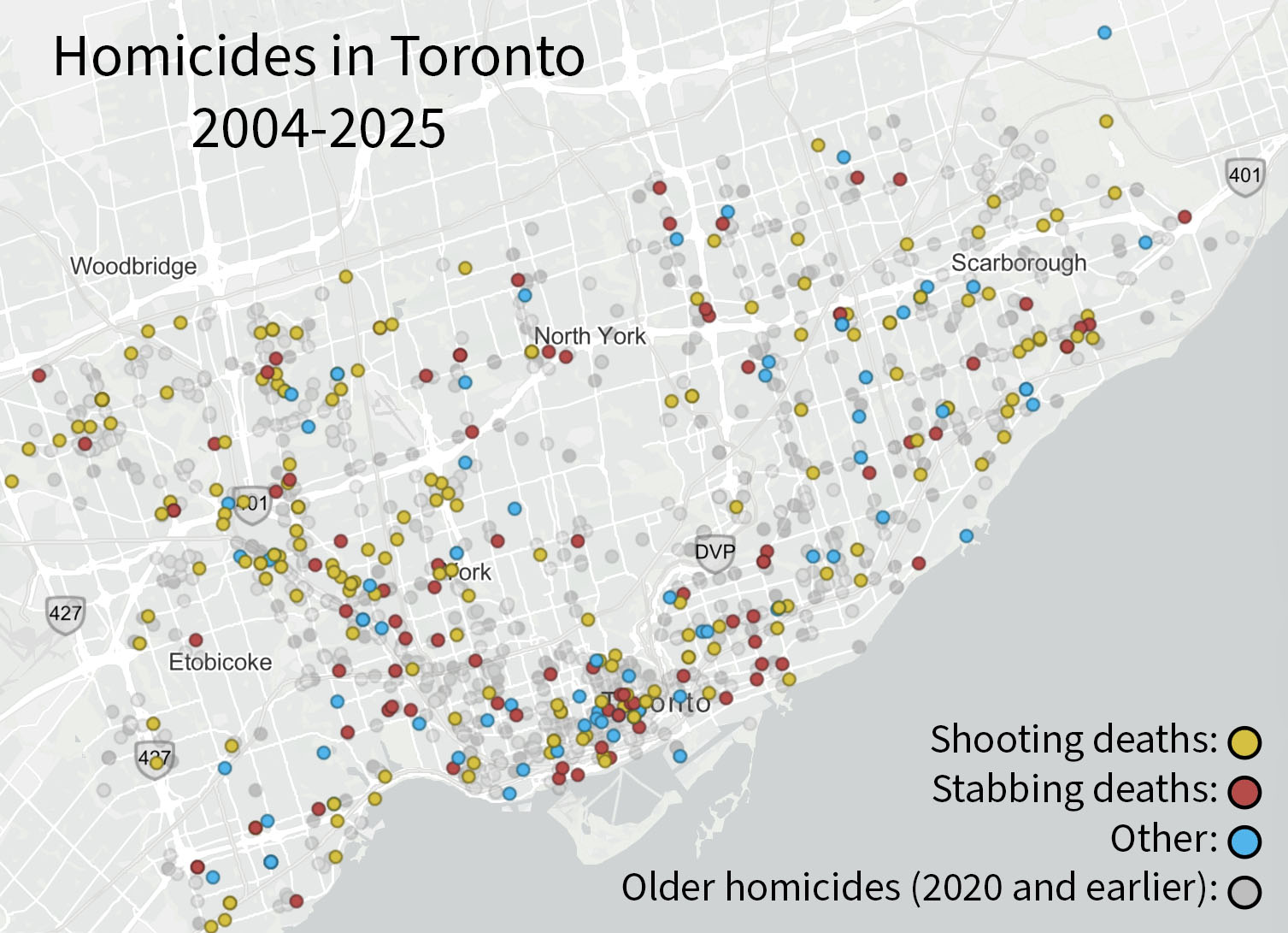 Heatmap style map illustrating homicide incidents across Toronto by region, distinguishing recent homicide types and earlier recorded cases up to 2020 and prior.